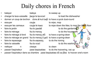 Daily chores in French balayer baleye to sweep up charger le lave-vaisselle ʃaʁʒe lə lavvɛsɛl to load the dishwasher donner un coup de torchon   dɔne æ̃ kut tɔʁʃõ to have a quick dust-round essuyer ɛsɥije to wipe, mop essuyer les carreaux ɛsɥije le kaʁo to wipe down the tiles; to mop the (tiled) floor faire le jardin fɛʁ lə ʒaʁdæ̃ to do the gardening faire le ménage fɛʁ lə menaʒ to do the housework faire le ménage à fond fɛʁ lə menaʒ afõ to have a spring-clean faire le ménage en grand fɛʁ lə menaʒ ɑ̃ gʁɑ̃ to have a spring-clean faire le repassage fɛʁ lə ʁəpasaʒ to do the ironing faire la vaisselle fɛʁ la vɛsɛl to do the washing up nettoyer n ɛtwaye to clean passer l'aspirateur pase laspiʁatœʁ to do the hoovering, vac up passer l'aspirateur dans sa chambre   pase laspiʁatœʁ dɑ̃ sa ʃɑ̃bʁ to hoover one's room 