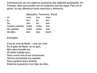 Comencemos con los adjetivos posesivos (les adjectifs possessifs). En Francés, ellos concuerdan con el sustantivo que los sigue. Pero en el plural, no hay diferencia entre masculino y femenino.  Masculino  Femenino  Plural  mi  mon  ma  mes  tu  ton  ta  tes  Su son  sa  ses  nuestro,nuestra  notre  notre  nos  de ustedes  notre  votre  vos  de ellos leur  leur  leurs  Examples:  C'est le chat de Marie ; c'est son chat. Es el gato de Marie; es su gato.  Mon père travaille dur. Mi padre trabaja duro.  Nous avons trouvé tes chaussures. Hemos encontrado tus zapatos.  Nous gardons leurs enfants. Estamos buscando a los hijos de ellos.  