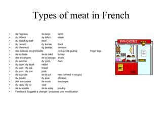 Types of meat in French de l'agneau də lanjo lamb du bifteck dy biftɛk steak du boeuf dy bœf beef du canard dy kanaʁ duck du chevreuil dy ʃəvʁœj venison des cuisses de grenouille de kɥiz də gʁənuj frogs' legs de la dinde də la dæ̃d turkey des escargots de zɛskaʁgo snails du jambon dy ʒɑ̃bõ ham du lapin dy lapæ̃ rabbit du pain dy pæ̃ bread du porc dy pɔʁ pork de la poule də la pul hen (served in soups) du poulet dy pule chicken des saucisses de sosis sausages du veau dy vo veal de la volaille də la volaj poultry Feedback Suggest a change / proposez une modification 