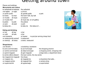 Getting around town Places and buildings Monuments and culture la cathédrale la katedʁal the cathedral une église yn egliz a church un jardin public æ̃ ʒaʁdæ̃ pyblik a park la mairie la meʁi the towm hall, city hall un musée æ̃ myze a museum un musée d'art æ̃ myze daʁ an art gallery la palais lə pale the palace un parc æ̃ paʁk a park la statue de ... la staty də the statue of ... Eating and drinking un bar æ̃ baʁ a bar un café æ̃ kafe a bar une brasserie yn bʁasʁi =a pub,bar serving cheap food un restaurant æ̃ ʁɛstoʁɑ̃ a restaurant un bistro(t) æ̃ bistʁo a bistro, restaurant Shops/stores une librairie - a bookshop, bookstore la zone commerciale e la zon kɔmɛʁsjal the shopping precinct un centre commercial æ̃ sɑ̃tʁə kɔmɛʁsjal a shopping centre, shopping mall un grand magasin æ̃ gʁɑ̃ magazæ̃ a large store, a department store le centre-ville lə sɑ̃tʁəvil the town centre, the city centre les magasins le magazæ̃ the shops un magasin de... æ̃ magazæ̃ də a shop/store that sells... un magasin-photo æ̃ magazæ̃ foto a camera shop un supermarché æ̃ sypeʁmaʁʃe a supermarket 