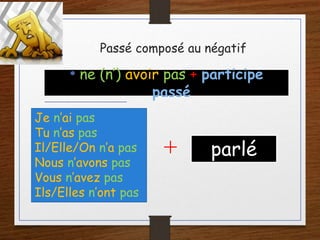 Passé composé au négatif
• ne (n’) avoir pas + participe
passé
Je n’ai pas
Tu n’as pas
Il/Elle/On n’a pas
Nous n’avons pas
Vous n’avez pas
Ils/Elles n’ont pas
+ parlé
 