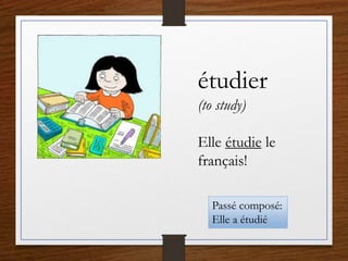étudier
(to study)
Elle étudie le
français!
Passé composé:
Elle a étudié
 