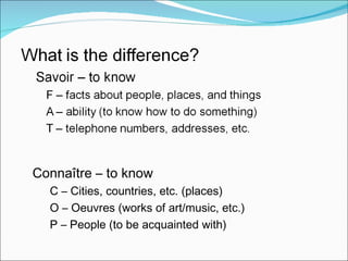 Connaître – to know C – Cities, countries, etc. (places) O – Oeuvres (works of art/music, etc.) P – People (to be acquainted with) 