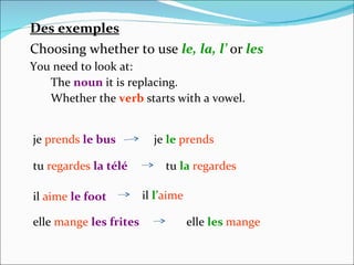 Des exemples Choosing whether to use  le, la, l’   or   les   You need to look at: The  noun  it is replacing. Whether the  verb  starts with a vowel. je  prends   le bus  je  le   prends tu  regardes   la télé   tu  la  regardes il  aime   le foot   il  l’ aime elle  mange   les frites elle  les   mange 