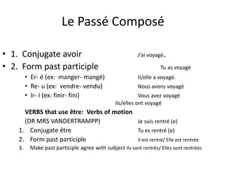 Le Passé Composé 
• 1. Conjugate avoir J’ai voyagé. 
• 2. Form past participle Tu as voyagé 
• Er- é (ex: manger- mangé) Il/elle a voyagé. 
• Re- u (ex: vendre- vendu) Nous avons voyagé 
• Ir- I (ex: finir- fini) Vous avez voyagé 
Ils/elles ont voyagé 
VERBS that use être: Verbs of motion 
(DR MRS VANDERTRAMPP) Je suis rentré (e) 
1. Conjugate être Tu es rentré (e) 
2. Form past participle Il est rentré/ Elle est rentrée 
3. Make past participle agree with subject Ils sont rentrés/ Elles sont rentrées 
 