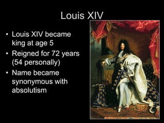 Louis XIVSon of Louis XIII and Anne of AustriaLouis XIV’s birth considered a miracleQueen Anne childless after 23 years of marriagePrayed to Virgin MaryVal-de-Grâce (Benedictine Convent) built in gratitude