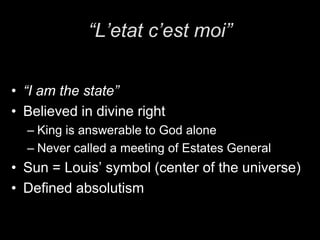 La FrondeAn uprising of the nobles, peasants, urban poor, and merchant classesLouis XIV (child) and Mazarin nearly diedMajor impact on Louis XIV and how he viewed the nobility