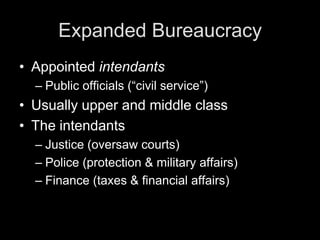 Reign of Louis XIVExpanded bureaucracyBuilt up ArmyRevoked Edict of NantesPatron of the ArtsBuilt Le Château de Versailles 