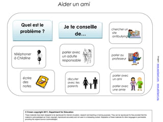 Aider un ami

Quel est le
problème ?

écrire
des
notes

parler avec
un adulte
responsable

discuter
avec tes
parents

chercher un
site
antibullying

parler au
professeur

parler avec
un ami
parler avec
une amie

© Crown copyright 2011, Department for Education
These materials have been designed to be reproduced for internal circulation, research and teaching or training purposes. They can be reproduced for free provided that this
material is acknowledged as Crown copyright, reproduced accurately and not used in a misleading context. Adaptation of these materials for other languages is permissible,
providing the original source is acknowledged.

Images: www.wpclipart.com www.pdclipart.org

téléphoner
à Childline

Je te conseille
de…

 