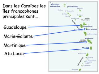 Dans les Caraїbes les
îles francophones
principales sont...
Guadeloupe
Marie-Galante
Martinique
Ste Lucie

 