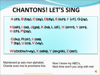 CHANTONS! LET’S SING Maintenant je sais mon alphabet, Chante avec moi la prochaine fois. Now I know my ABC's, Next time wo...