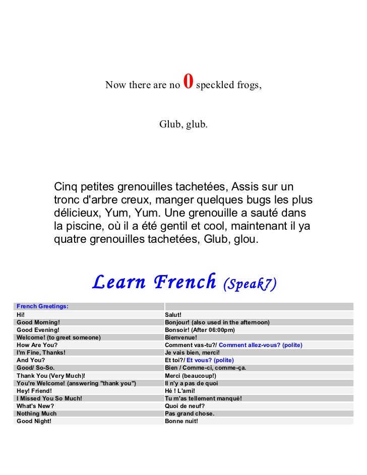 French And English Five Little Speckled Frogs French And English Five Little Speckled Frogs