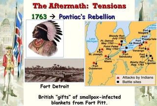 1763      Pontiac’s Rebellion Fort Detroit British “gifts” of smallpox-infected blankets from Fort Pitt. The Aftermath:  Tensions 