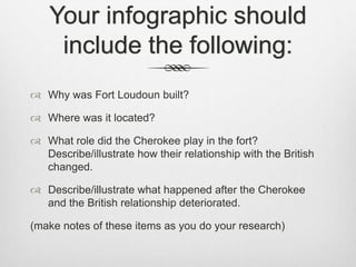 Your infographic should
include the following:
 Why was Fort Loudoun built?
 Where was it located?
 What role did the Cherokee play in the fort?
Describe/illustrate how their relationship with the British
changed.
 Describe/illustrate what happened after the Cherokee
and the British relationship deteriorated.
(make notes of these items as you do your research)
 
