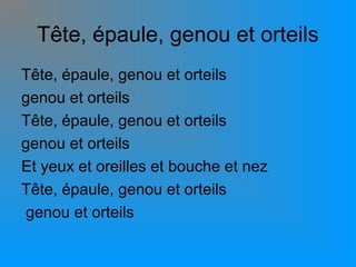 Tête, épaule, genou et orteils
Tête, épaule, genou et orteils
genou et orteils
Tête, épaule, genou et orteils
genou et orteils
Et yeux et oreilles et bouche et nez
Tête, épaule, genou et orteils
genou et orteils

 