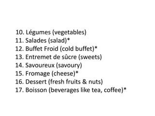 10. Légumes (vegetables) 
11. Salades (salad)* 
12. Buffet Froid (cold buffet)* 
13. Entremet de sûcre (sweets) 
14. Savoureux (savoury) 
15. Fromage (cheese)* 
16. Dessert (fresh fruits & nuts) 
17. Boisson (beverages like tea, coffee)* 
 