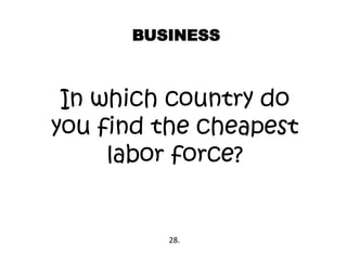 BUSINESS
In which country do
you find the cheapest
labor force?
28.
 
