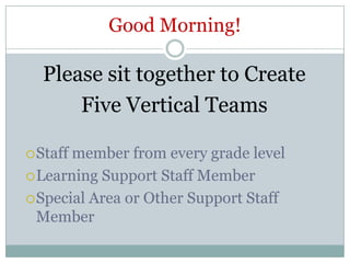 Good Morning! Please sit together to Create  Five Vertical Teams Staff member from every grade level Learning Support Staff Member Special Area or Other Support Staff Member 