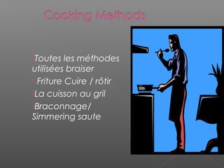 Toutes les méthodes
utilisées braiser
 Friture Cuire / rôtir
La cuisson au gril
Braconnage/
Simmering saute
 