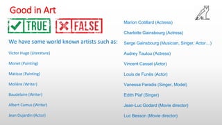 Good in Art
We have some world known artists such as:
Victor Hugo (Literature)
Monet (Painting)
Matisse (Painting)
Molière (Writer)
Baudelaire (Writer)
Albert Camus (Writer)
Jean Dujardin (Actor)
Marion Cotillard (Actress)
Charlotte Gainsbourg (Actress)
Serge Gainsbourg (Musician, Singer, Actor…)
Audrey Tautou (Actress)
Vincent Cassel (Actor)
Louis de Funès (Actor)
Vanessa Paradis (Singer, Model)
Edith Piaf (Singer)
Jean-Luc Godard (Movie director)
Luc Besson (Movie director)
 