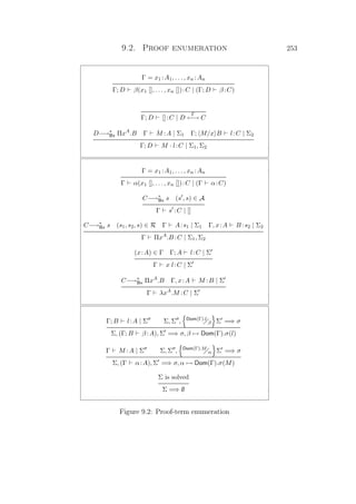 9.2. Proof enumeration 253
Γ = x1 :A1, . . . , xn :An
Γ; D β(x1 [], . . . , xn []):C | (Γ; D β :C)
Γ; D []:C | D
Γ
←→ C
D−→∗
Bx ΠxA
.B Γ M :A | Σ1 Γ; M/x B l:C | Σ2
Γ; D M · l:C | Σ1, Σ2
Γ = x1 :A1, . . . , xn :An
Γ α(x1 [], . . . , xn []):C | (Γ α:C)
C−→∗
Bx s (s , s) ∈ A
Γ s :C | []
C−→∗
Bx s (s1, s2, s) ∈ R Γ A:s1 | Σ1 Γ, x:A B :s2 | Σ2
Γ ΠxA
.B :C | Σ1, Σ2
(x:A) ∈ Γ Γ; A l:C | Σ
Γ x l:C | Σ
C−→∗
Bx ΠxA
.B Γ, x:A M :B | Σ
Γ λxA
.M :C | Σ
Γ; B l:A | Σ Σ, Σ , Dom(Γ).l
β Σ =⇒ σ
Σ, (Γ; B β :A), Σ =⇒ σ, β → Dom(Γ).σ(l)
Γ M :A | Σ Σ, Σ , Dom(Γ).M
α Σ =⇒ σ
Σ, (Γ α:A), Σ =⇒ σ, α → Dom(Γ).σ(M)
Σ is solved
Σ =⇒ ∅
Figure 9.2: Proof-term enumeration
 