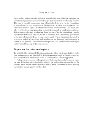 Introduction 7
on formulae, and we use the notion of parallel reduction [Tak89] to collapse bu-
reaucratic sequentialisations of rewrite steps that reduce non-overlapping redexes.
The case of parallel redexes and that of nested redexes give rise to two notions
of equivalence on rewrite sequences (according to a linear rewrite system that
formalises classical logic). We thence introduce two formalisms that allow par-
allel rewrite steps, thus providing to equivalent proofs a single representative.
This representative can be obtained from any proof in the equivalence class by
a particular reduction relation, which is conﬂuent and terminating (conﬂuence
in the case of nested redexes is only conjectured). These formalisms turn out to
be sequent calculi with axioms and proof-terms for them use combinators as in
Hilbert-style systems. The normalisation process that produce canonical repre-
sentatives is then a cut-reduction process.
Dependencies between chapters
To facilitate the reading of this dissertation and allow particular chapters to be
read independently, we show in Fig. 1 the dependency graph of chapters, together
with the references where some or all of their contents already appeared.
Full arrows represent a real dependency (but sometimes only because a chap-
ter uses deﬁnitions, given in another chapter, of notions that are familiar to the
reader), while dashed arrows represent only a weak connection without making
one chapter a prerequisite for the other.
 