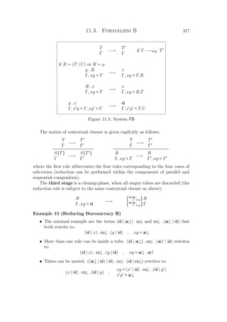 11.3. Formalism B 317
T
Γ
−→
T
Γ
if T −→FA T
if R = (T | U) or R = ρ
y . R
Γ, xy ∝ T
−→
x
Γ, xy ∝ T.R
R . x
Γ, xy ∝ T
−→
x
Γ, xy ∝ R.T
y . x
Γ, x y ∝ T, xy ∝ U
−→
id
Γ, x y ∝ T.U
Figure 11.5: System FB
The notion of contextual closure is given explicitly as follows:
T
Γ
−→
T
Γ
S{T}
Γ
−→
S{T }
Γ
T
Γ
−→
T
Γ
R
Γ, xy ∝ T
−→
R
Γ , xy ∝ T
where the ﬁrst rule abbreviates the four rules corresponding to the four cases of
sub-terms (reduction can be performed within the components of parallel and
sequential composition).
The third stage is a cleanup phase, when all empty tubes are discarded (the
reduction rule is subject to the same contextual closure as above):
R
Γ, xy ∝ id
−→
id,id
x,y R
id,id
x,y Γ
Example 15 (Reducing Bureaucracy B)
• The minimal example are the terms (id | ac↓) . co↓ and co↓ . (ac↓ | id) that
both rewrite to:
(id | x) . co↓ . (y | id) , xy ∝ ac↓
• More than one rule can be inside a tube. (id | ac↓) . co↓ . (ac↑ | id) rewrites
to:
(id | x) . co↓ . (y | id) , xy ∝ ac↓ . ac↑
• Tubes can be nested. ((ac↓ | id) | id) . co↓ . (id | co↓) rewrites to:
(x | id) . co↓ . (id | y) ,
xy ∝ (x | id) . co↓ . (id | y )
x y ∝ ac↓
 