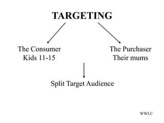 TARGETING


The Consumer                The Purchaser
 Kids 11-15                  Their mums


         Split Target Audience


                                     WWLC
 