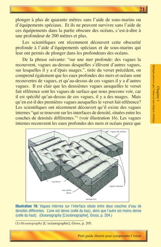 21
plonger à plus de quarante mètres sans l’aide de sous-marins ou
d’équipements spéciaux. Et ils ne peuvent survivre sans l’aide de
ces équipements dans la partie obscure des océans, c’est-à-dire à
une profondeur de 200 mètres et plus.
     Les scientifiques ont récemment découvert cette obscurité
profonde à l’aide d’équipements spéciaux et de sous-marins qui
leur ont permis de plonger dans les profondeurs des océans.
     De la phrase suivante: “sur une mer profonde: des vagues la
recouvrent, vagues au-dessus desquelles s’élèvent d’autres vagues,




                                                                                          Quelques preuves que l’islam est une religion véridique
sur lesquelles il y a d’épais nuages.”, tirée du verset précédent, on
comprend également que les eaux profondes des mers et océans sont
recouvertes de vagues, et qu’au-dessus de ces vagues il y a d’autres
vagues. Il est clair que les deuxièmes vagues auxquelles le verset




                                                                                                                                                    Chapitre 1
fait référence sont les vagues de surface que nous pouvons voir, car
il est spécifié qu’au-dessus de ces vagues, il y a des nuages. Mais
qu’en est-il des premières vagues auxquelles le verset fait référence?
Les scientifiques ont récemment découvert qu’il existe des vagues
internes “qui se trouvent sur les interfaces de densité, situées entre les
couches de densités différentes.”1 (voir illustration 16). Les vagues
internes recouvrent les eaux profondes des mers et océans parce que




Illustration 16: Vagues internes sur l’interface située entre deux couches d’eau de
densités différentes. L’une est dense (celle du bas), alors que l’autre est moins dense
(celle du haut). (Oceanography [L’océanographie], Gross, p. 204.)

(1) Oceanography [L’océanographie], Gross, p. 205.


                                           Petit guide illustré pour comprendre l’islam
 