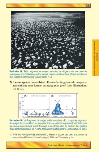 23




                                                                                            Quelques preuves que l’islam est une religion véridique
                                                                                                                                                      Chapitre 1
Illustration 18: Petits fragments de nuages (cumulus) se dirigeant vers une zone de
convergence près de l’horizon, où l’on aperçoit un gros cumulo-nimbus. (Clouds and Storms
[Les nuages et les tempêtes], Ludlam, cliché 7.4.)

2) Les nuages se rassemblent: Ensuite les fragments de nuages se
   rassemblent pour former un nuage plus gros1 (voir illustrations
   18 et 19).




Illustration 19: (A) Fragments de nuages isolés (cumulus). (B) Lorsque les fragments
de nuages de rassemblent, les courants d’air ascendants augmentent à l’intérieur du
gros nuage nouvellement formé; le nuage se développe alors en hauteur. Les gouttes
d’eau sont indiquées par les •. (The Atmosphere [L’atmosphère], Anthes et al., p. 269.)

(1) Voir The Atmosphere [L’atmosphère], Anthes et al., pp. 268-269, et Elements of
   Meteorology [Éléments de météorologie], Miller et Thompson, p. 141.


                                            Petit guide illustré pour comprendre l’islam
 