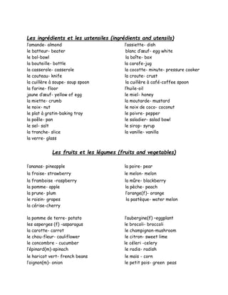 Les ingrédients et les ustensiles (ingrédients and utensils)
l’amande- almond l’assiette- dish
le batteur- beater blanc d’œuf- egg white
le bol-bowl la boîte- box
la bouteille- bottle la carafe-jug
la casserole- casserole la cocotte- minute- pressure cooker
le couteau- knife la croute- crust
la cuillère à soupe- soup spoon la cuillère à café-coffee spoon
la farine- floor l’huile-oil
jaune d’œuf- yellow of egg le miel- honey
la miette- crumb la moutarde- mustard
le noix- nut le noix de coco- coconut
le plat à gratin-baking tray le poivre- pepper
la poêle- pan le saladier- salad bowl
le sel- salt le sirop- syrup
la tranche- slice la vanille- vanilla
la verre- glass
Les fruits et les légumes (fruits and vegetables)
l’ananas- pineapple la poire- pear
la fraise- strawberry le melon- melon
la framboise -raspberry la mûre- blackberry
la pomme- apple la pèche- peach
la prune- plum l’orange(f)- orange
le raisin- grapes la pastèque- water melon
la cérise-cherry
la pomme de terre- potato l’aubergine(f) –eggplant
les asperges (f) -asparagus le brocoli- broccoli
la carotte- carrot le champignon-mushroom
le chou-fleur- cauliflower le citron- sweet lime
le concombre - cucumber le céleri -celery
l’épinard(m)-spinach le radis- radish
le haricot vert- french beans le maïs - corn
l’oignon(m)- onion le petit pois- green peas
 