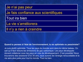 Quand tu penses à l’état de l’environnement, tu es optimiste ou pessimiste? Je suis plutôt optimiste. Tous les pays du monde sont dans le même bateau. On sait qu’il faut réduire les émissions de gaz carbonique. Les pays développés doivent  collaborer avec les pays en voie de développement. C’est possible! Nous trouverons des solutions! D’ici 30 ans, nous aurons de l’énergie renouvelable et la vie sera plus juste pour tout le monde.  Tout ira bien. Je n’ai pas peur Je fais confiance aux scientifiques Tout ira bien La vie s’améliorera Il n’y a rien à craindre 