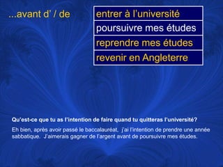 ...avant d’ / deQu’est-ce que tu as l’intention de faire quand tu quitteras l’université?Eh bien, après avoir passé le baccalauréat,  j’ai l’intention de prendre une année sabbatique.  J’aimerais gagner de l’argent avant de poursuivre mes études. 