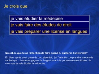 Je crois queQu’est-ce que tu as l’intention de faire quand tu quitteras l’université?Eh bien, après avoir passé le baccalauréat,  j’ai l’intention de prendre une année sabbatique.  J’aimerais gagner de l’argent avant de poursuivre mes études. Je crois que je vais étudier la médecine.