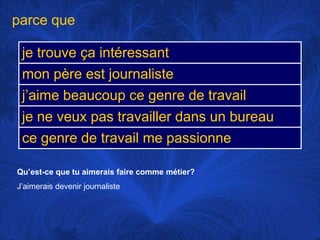 parce queQu’est-ce que tu aimerais faire commemétier?J’aimerais devenir journaliste