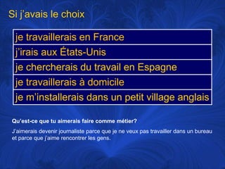 Si j’avais le choixQu’est-ce que tu aimerais faire commemétier?J’aimerais devenir journaliste parce que je neveuxpastravaillerdans un bureau et parce que j’aimerencontrer les gens. 