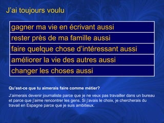 J’aitoujoursvouluQu’est-ce que tu aimerais faire commemétier?J’aimerais devenir journaliste parce que je neveuxpastravaillerdans un bureau et parce que j’aimerencontrer les gens. Si j’avais le choix, je chercherais du travail en Espagne parce que je suisambitieux.