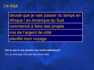 j’aidéjàEst-ce que tu vas prendre une annéesabbatique?Oui, je crois que c’est une trèsbonneidée. 