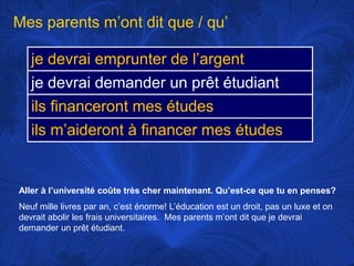 Mes parentsm’ontdit que / qu’Aller à l’universitécoûte très chermaintenant. Qu’est-ce que tu en penses?Neufmillelivres par an, c’esténorme! L’éducationest un droit, pas un luxe et ondevrait abolir les fraisuniversitaires.  Mes parentsm’ontdit que je devraidemander un prêtétudiant. 