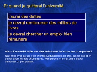 Et quand je quitterail’universitéAller à l’universitécoûte très chermaintenant. Qu’est-ce que tu en penses?Neufmillelivres par an, c’esténorme! L’éducationest un droit, pas un luxe et ondevrait abolir les fraisuniversitaires.  Mes parentsm’ontdit que je devraidemander un prêtétudiant. 