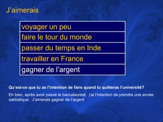 J’aimeraisQu’est-ce que tu as l’intention de faire quand tu quitteras l’université?Eh bien, après avoir passé le baccalauréat,  j’ai l’intention de prendre une année sabbatique.  J’aimerais gagner de l’argent