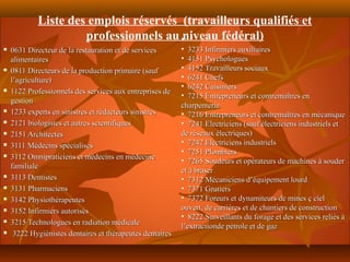 Liste des emplois réservés (travailleurs qualifiés et
                     professionnels au •niveau fédéral)
   0631 Directeur de la restauration et de services       • 3233 Infirmiers auxiliaires
    alimentaires                                           • 4151 Psychologues
   0811 Directeurs de la production primaire (sauf        • 4152 Travailleurs sociaux
    l’agriculture)                                         • 6241 Chefs
                                                           • 6242 Cuisiniers
   1122 Professionnels des services aux entreprises de
                                                           • 7215 Entrepreneurs et contremaîtres en
    gestion
                                                           charpenterie
   1233 experts en sinistres et rédacteurs sinistres      • 7216 Entrepreneurs et contremaîtres en mécanique
   2121 biologistes et autres scientifiques               • 7241 Electriciens (sauf électriciens industriels et
   2151 Architectes                                       de réseaux électriques)
   3111 Médecins spécialisés                              • 7242 Electriciens industriels
                                                           • 7251 Plombiers
   3112 Omnipraticiens et médecins en médecine            • 7265 Soudeurs et opérateurs de machines à souder
    familiale
                                                           et à braser
   3113 Dentistes                                         • 7312 Mécaniciens d’équipement lourd
   3131 Pharmaciens                                       • 7371 Grutiers
   3142 Physiothérapeutes                                 • 7372 Foreurs et dynamiteurs de mines ç ciel
   3152 Infirmiers autorisés                              ouvert, de carrières et de chantiers de construction
                                                           • 8222 Surveillants du forage et des services reliés à
   3215 Technologues en radiation médicale                l’extractionde pétrole et de gaz
    3222 Hygiénistes dentaires et thérapeutes dentaires
 