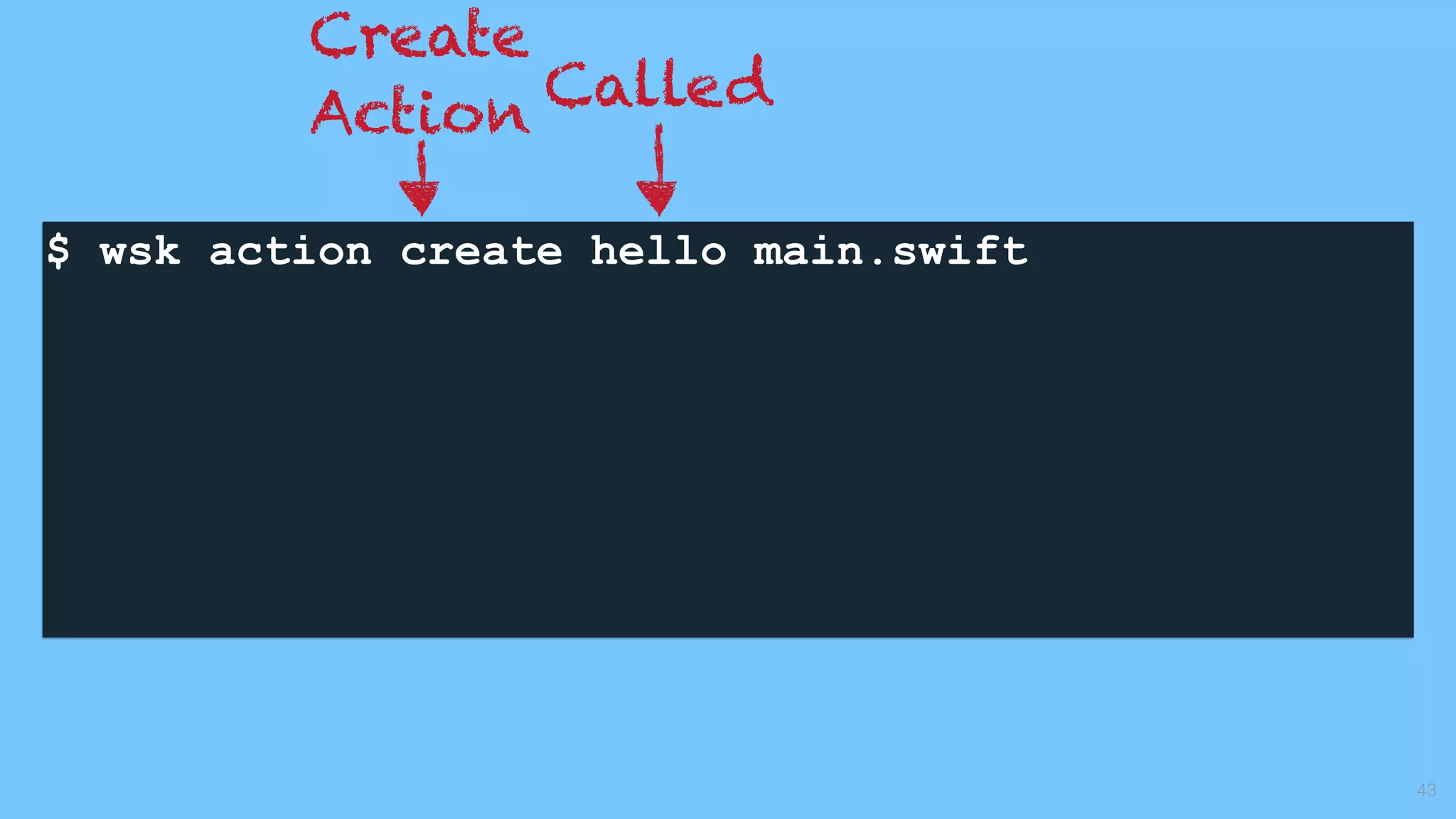 $ wsk action create hello main.swift 
43
Create
Action Called
 