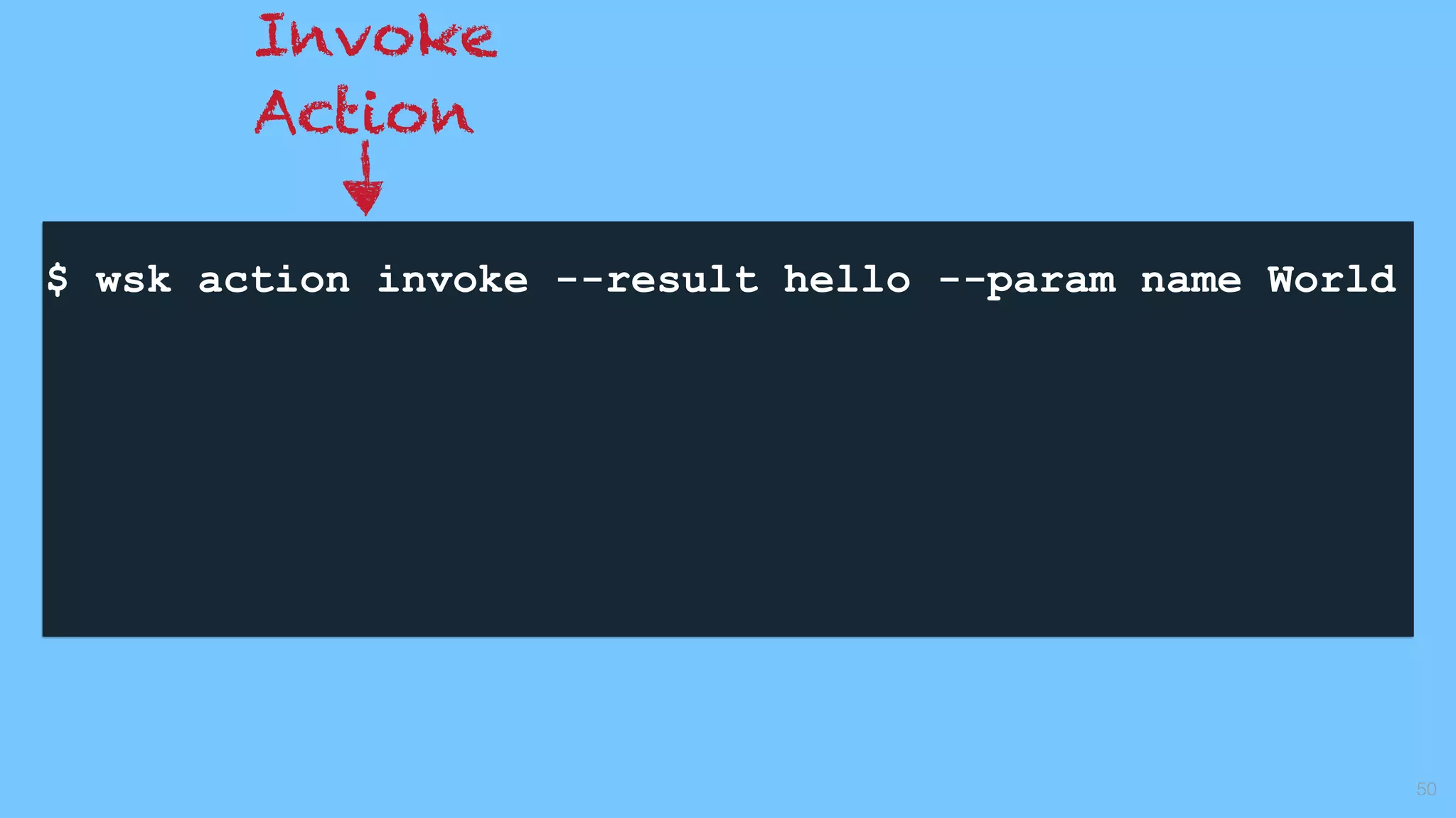 $ wsk action invoke --result hello --param name World
 
50
Invoke
Action
 