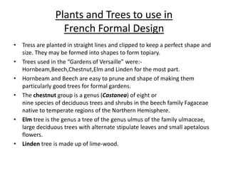 Plants and Trees to use in
French Formal Design
• Tress are planted in straight lines and clipped to keep a perfect shape and
size. They may be formed into shapes to form topiary.
• Trees used in the “Gardens of Versaille” were:-
Hornbeam,Beech,Chestnut,Elm and Linden for the most part.
• Hornbeam and Beech are easy to prune and shape of making them
particularly good trees for formal gardens.
• The chestnut group is a genus (Castanea) of eight or
nine species of deciduous trees and shrubs in the beech family Fagaceae
native to temperate regions of the Northern Hemisphere.
• Elm tree is the genus a tree of the genus ulmus of the family ulmaceae,
large deciduous trees with alternate stipulate leaves and small apetalous
flowers.
• Linden tree is made up of lime-wood.
 