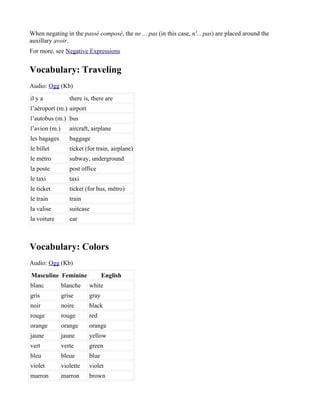 When negating in the passé composé, the ne ... pas (in this case, n'... pas) are placed around the
auxillary avoir.
For more, see Negative Expressions


Vocabulary: Traveling
Audio: Ogg (Kb)
il y a            there is, there are
l’aéroport (m.) airport
l’autobus (m.) bus
l’avion (m.)      aircraft, airplane
les bagages       baggage
le billet         ticket (for train, airplane)
le métro          subway, underground
la poste          post office
le taxi           taxi
le ticket         ticket (for bus, métro)
le train          train
la valise         suitcase
la voiture        car



Vocabulary: Colors
Audio: Ogg (Kb)
Masculine Feminine               English
blanc          blanche    white
gris           grise      gray
noir           noire      black
rouge          rouge      red
orange         orange     orange
jaune          jaune      yellow
vert           verte      green
bleu           bleue      blue
violet         violette   violet
marron         marron     brown
 