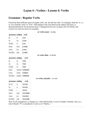Leçon 4 : Verbes - Lesson 4: Verbs

Grammar - Regular Verbs
French has three different types of regular verbs: -er, -ir, and -re verbs. To conjugate, drop the -er, -ir,
or -re to find the "stem" or "root". Add endings to the root based on the subject and tense, as
demonstrated below for the present tense. Conjugations for jouer (to play), finir (to finish), and
attendre (to wait) are shown as examples.
                                         -er verbs; jouer - to play
pronoun ending verb
je          -e       joue
tu          -es      joues
il/elle     -e       joue
nous        -ons     jouons
vous        -ez      jouez
ils/elles   -ent     jouent
                                         -ir verbs; finir - to finish
pronoun ending         verb
je          -is      finis
tu          -is      finis
il/elle     -it      finit
nous        -issons finissons
vous        -issez   finissez
ils/elles   -issent finissent
                                       -re verbs; attendre – to wait
pronoun ending          verb
je (j')     -s       attends
tu          -s       attends
il/elle     -        attend
nous        -ons     attendons
vous        -ez      attendez
ils/elles -ent     attendent
Note: In all conjugations, je changes to j ' when followed by a vowel. Example: J'attends. Also, as a
rule of thumb: "h" is considered a vowel; as in "J'habite...".
 