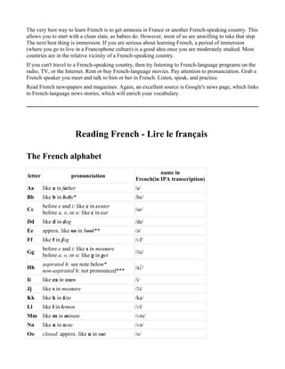 The very best way to learn French is to get amnesia in France or another French-speaking country. This
allows you to start with a clean slate, as babies do. However, most of us are unwilling to take that step.
The next best thing is immersion. If you are serious about learning French, a period of immersion
(where you go to live in a Francophone culture) is a good idea once you are moderately studied. Most
countries are in the relative vicinity of a French-speaking country.
If you can't travel to a French-speaking country, then try listening to French-language programs on the
radio, TV, or the Internet. Rent or buy French-language movies. Pay attention to pronunciation. Grab a
French speaker you meet and talk to him or her in French. Listen, speak, and practice.
Read French newspapers and magazines. Again, an excellent source is Google's news page, which links
to French-language news stories, which will enrich your vocabulary.




                           Reading French - Lire le français

The French alphabet
                                                            name in
letter                    pronunciation
                                                  French(in IPA transcription)
Aa       like a in father                        /a/
Bb       like b in baby*                         /be/
         before e and i: like c in center
Cc                                               /se/
         before a, o, or u: like c in cat
Dd       like d in dog                           /de/
Ee       approx. like oo in book**               /ə/
Ff       like f in fog                           /ɛf/
         before e and i: like s in measure
Gg                                               /ʒe/
         before a, o, or u: like g in get
         aspirated h: see note below*
Hh                                               /aʃ/
         non-aspirated h: not pronounced***
Ii       like ea in team                         /i/
Jj       like s in measure                       /ʒi/
Kk       like k in kite                          /ka/
Ll       like l in lemon                         /ɛl/
Mm       like m in minute                        /ɛm/
Nn       like n in note                          /ɛn/
Oo       closed: approx. like u in nut           /o/
 
