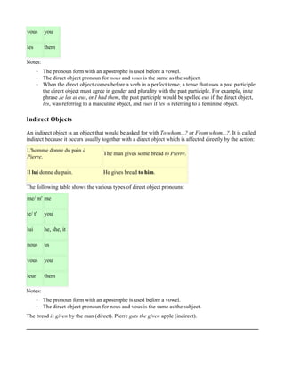 vous       you

les        them

Notes:
       •   The pronoun form with an apostrophe is used before a vowel.
       •   The direct object pronoun for nous and vous is the same as the subject.
       •   When the direct object comes before a verb in a perfect tense, a tense that uses a past participle,
           the direct object must agree in gender and plurality with the past participle. For example, in te
           phrase Je les ai eus, or I had them, the past participle would be spelled eus if the direct object,
           les, was referring to a masculine object, and eues if les is referring to a feminine object.

Indirect Objects

An indirect object is an object that would be asked for with To whom...? or From whom...?. It is called
indirect because it occurs usually together with a direct object which is affected directly by the action:
L'homme donne du pain à
                                       The man gives some bread to Pierre.
Pierre.

Il lui donne du pain.                  He gives bread to him.

The following table shows the various types of direct object pronouns:
me/ m' me

te/ t'     you

lui        he, she, it

nous       us

vous       you

leur       them

Notes:
       •   The pronoun form with an apostrophe is used before a vowel.
       •   The direct object pronoun for nous and vous is the same as the subject.
The bread is given by the man (direct). Pierre gets the given apple (indirect).
 