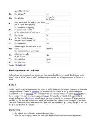 open: like o in nose
Pp     like p in pen*                               /pe/
                                                    /ky/ see 'u'
Qq     like k in kite
                                                    for details
       force air through the back of your throat
Rr                                               /ɛʀ/
       just as if you were gargling
       like s in sister at begining
Ss     of word or with two s's                      /ɛs/
       or like z in amazing if only one s
Tt     like t in top                                /te/
       Say the English letter e,
Uu                                                  /y/
       but make your lips say "oo".
Vv     like v in violin                             /ve/
       Depending on the derivation of the
Ww     word,                                        /dubləve/
       like v as in violin, or w in water
       either /ks/ in socks,
Xx                                                  /iks/
       or /gz/ in exit
Yy     like ea in leak                              /igrək/
Zz     like z in zebra                              /zɛd/
Audio: OGG (101KB)

Final consonants and the liaison

In French, certain consonants are silent when they are the final letter of a word. The letters p (as in
'coup'), s (as in 'héros'), t (as in 'chat') and x (as in 'paresseux'), are never pronounced at the end of a
word.

b and p

Unlike English, when you pronounce the letters 'b' and 'p' in French, little to no air should be expended
from your mouth. In terms of phonetics, the difference in the French 'b' and 'p' and their English
counterparts is one of aspiration (this is not related to the similarly named concept of 'h' aspiré below,
but is a slight extra puff of air accompanies the stop). Fortunately, in English both aspirated and
unaspirated variants (allophones) actually exist, but only in specific environments. If you're a native
speaker, say the word 'pit' and then the word 'spit' out loud. Did you notice the extra puff of air in the
first word that doesn't come with the second? The 'p' in 'pit' is aspirated [pʰ]; the 'p' in 'spit' is not (like
the 'p' in any position in French).

EXERCISE 1
     1. Get a loose piece of printer paper or notebook paper.
     2. Hold the piece of paper about one inch (or a couple of centimeters) in front of your face.
 